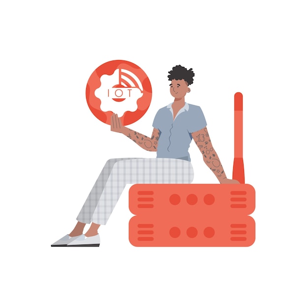 M??czyzna trzyma wr?kach ikon? rzeczy Internet Router i serwer Internet rzeczy i koncepcja automatyzacji Izolowane ilustracji wektorowych