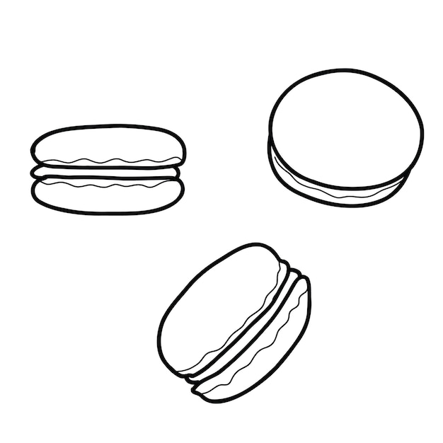 Macaroon ciasta ikony ilustracja wektorowa w stylu doodle linia sztuka ręcznie narysowane słodkie ciastka izolowane