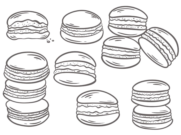 Macaroony ręczne vintage grawerowanie zestaw szkic tradycyjne słodkie francuskie ciasteczka migdałowe z śmietaną