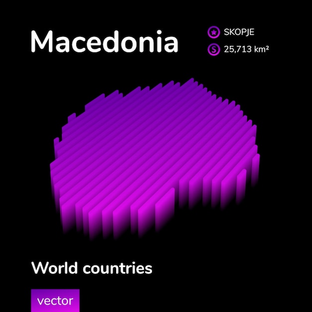 Macedonia Mapa 3d Stylizowana Neonowa Prosta Cyfrowa Izometryczna Wektorowa W Paski Mapa W Kolorach Fioletowym I Różowym