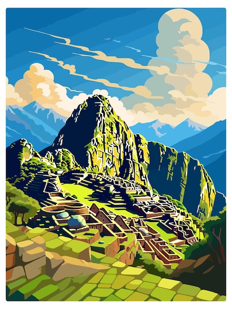 Plik wektorowy machu picchu peru vintage travel poster souvenir postcard portret malarstwo ilustracja wpa