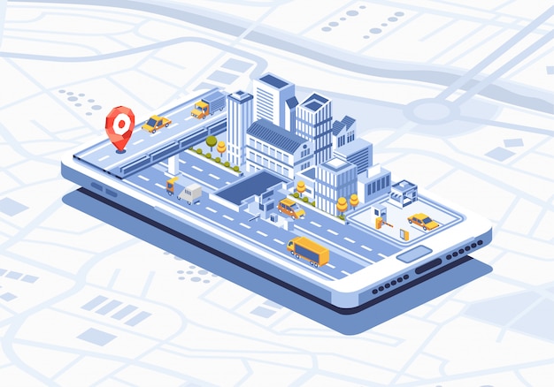 Mądrze miasto isometric aplikacja mobilna na smartphone ilustraci
