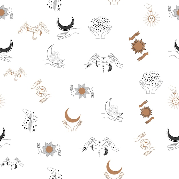 Magia i niebo bezszwowy wzór z magicznymi elementami, takimi jak oko węża karty tarota ręka czaszka eliksir księżyc motyl grzyby gwiazdy Symbole i elementy motywu czarów