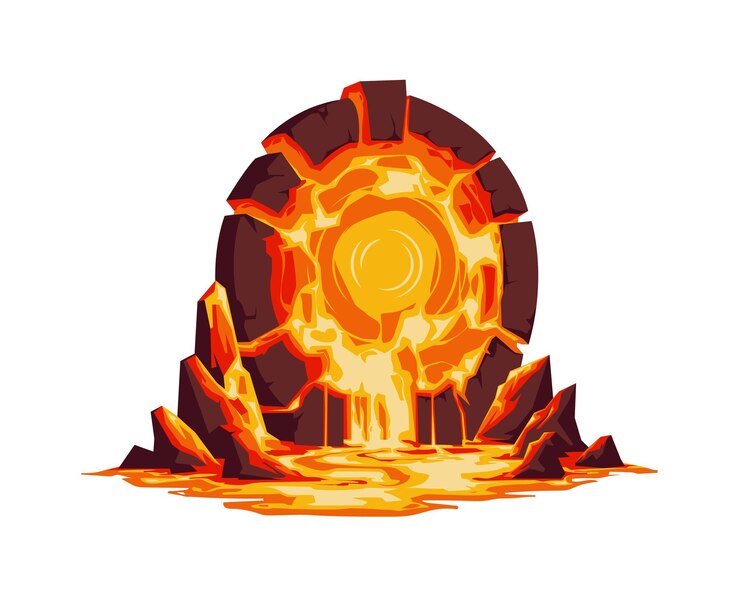 Wektor magic lava stone portal teleport fantasy world circle doorway entrance arch parallel room burning magma gate to hell ilustracja wektorowa