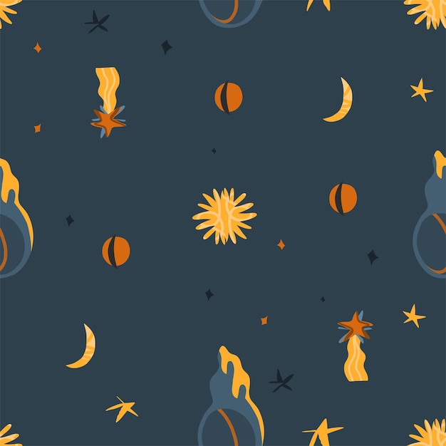 Magiczna kosmiczna ilustracja clipart wzór z księżycem i gwiazdami Kosmiczne abstrakcyjne tło nieba galaktyki Styl kreskówkiRęcznie rysowane sztuka współczesnaJasne nocne niebo wzór tła