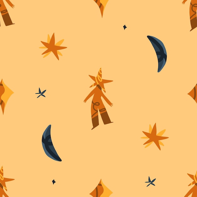 Magiczna kosmiczna ilustracja clipart wzór z księżycową gwiazdą i uroczymi obcymi postaciamiKosmiczne abstrakcyjne tłoStyl kreskówkiRęcznie rysowana sztuka współczesnaKosmos obcy ładny wzór tła