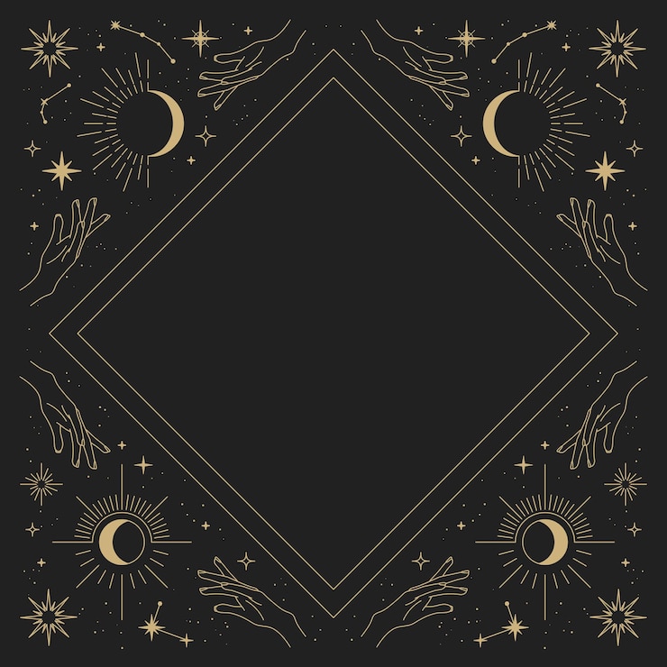 Wektor magiczna rama wektor ze słońcem, rękami, księżycem, gwiazdami i konstelacjami. złota elegancka ozdoba. mistyczna rama do projektowania tarota, ezoteryki, astrologii. szablon plakatu i nadruków.