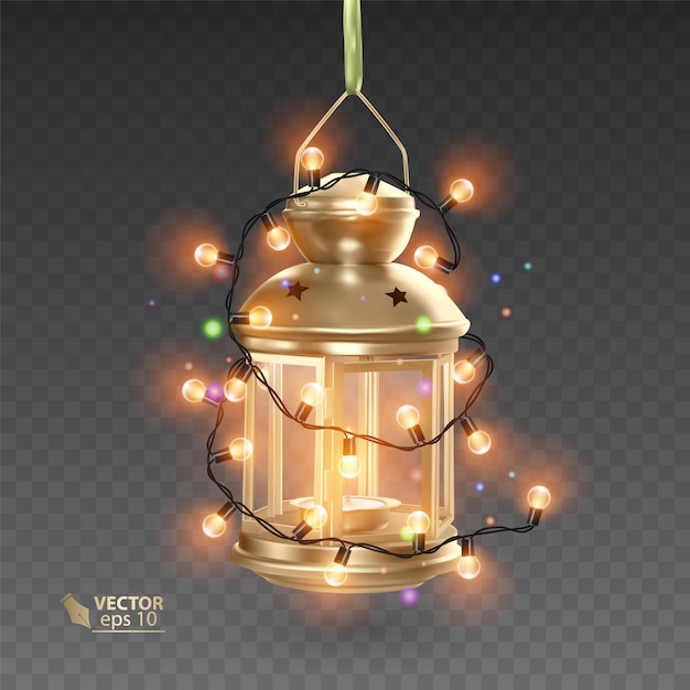 Magiczna, złota lampa otoczona świecącymi girlandami, realistyczna lampa na przezroczystym tle, ilustracja