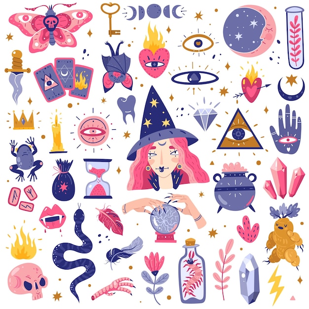 Magiczne ikony gryzmoły zestaw ilustracji