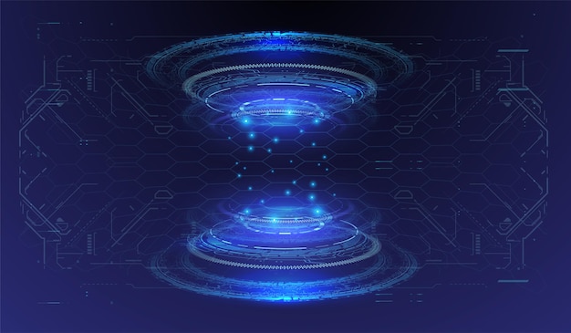 Magiczne koło teleportowe podium Nowoczesna scena w stylu cyberpunk Wektor show room HUD futurystyczny portal hologram Technologia abstrakcyjna hologramu