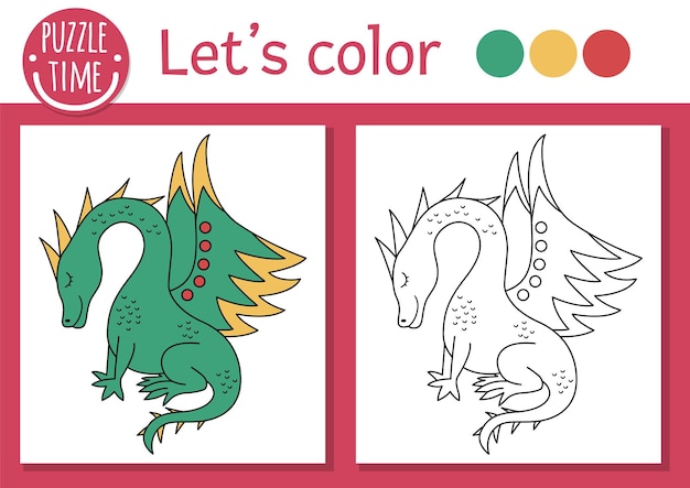 Magiczne Królestwo Kolorowanki Dla Dzieci Ze Smokiem Ilustracja Wektorowa Bajki Konspektu