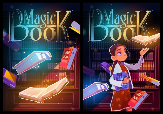 Magiczne plakaty z kreskówek, młoda dziewczyna w bibliotece