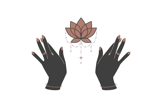 Magiczne Ręce Z Niebiańskim Kwiatem Lotosu W Modnym Stylu Boho Czarno-złoty Symbol Alchemii Do Tworzenia Marki Lub Logo Ezoteryczne I Mistyczne Elementy Projektu Ilustracja Wektorowa