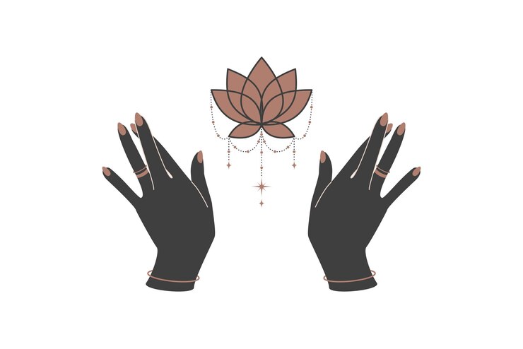 Wektor magiczne ręce z niebiańskim kwiatem lotosu w modnym stylu boho czarno-złoty symbol alchemii do tworzenia marki lub logo ezoteryczne i mistyczne elementy projektu ilustracja wektorowa