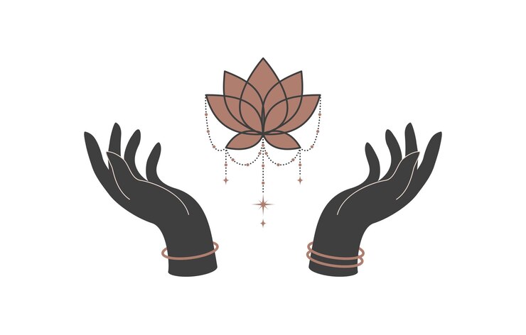 Wektor magiczne ręce z niebiańskim kwiatem lotosu w stylu boho czarno-złoty symbol duchowy alchemii do tworzenia marki lub logo ezoteryczny i mistyczny element projektu ilustracja wektorowa