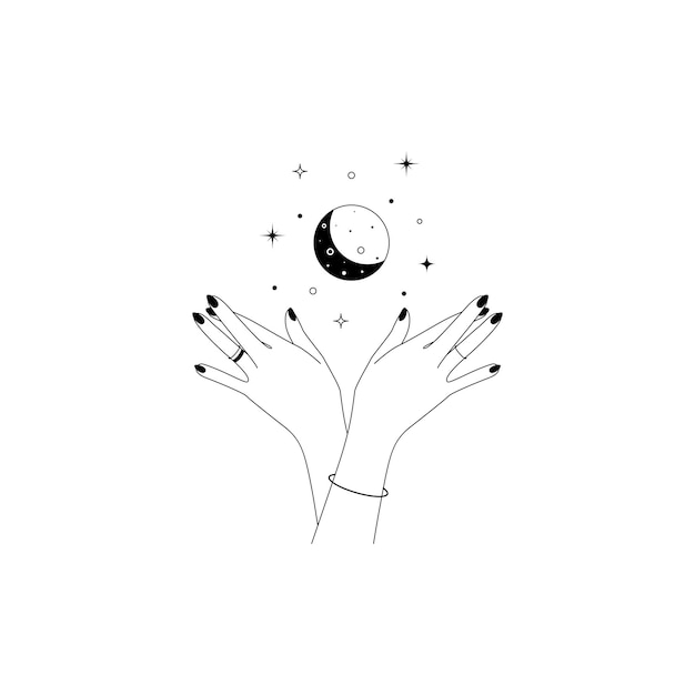 Magiczne Ręce Z Sierpem Księżyca W Modnym Stylu Liniowym Szablon Projektu Logo I Ikony Dla Kosmetyków Lub Produktów Kosmetycznych I Opakowań Marki Doodle Ilustracji Wektorowych