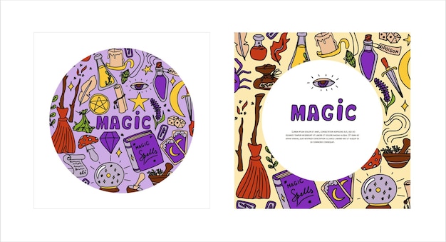 Magiczne Ręcznie Rysowane Doodle Banery Wektorowe Ikony Kolekcji Magicznych Przedmiotów Halloween Elementy Magiczne Broo