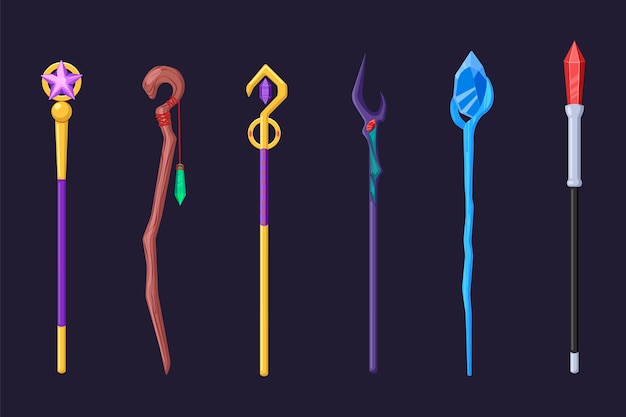 Magiczne różdżki na ciemnym tle zestaw ilustracji kreskówka. Drewniane patyki ze świecącymi klejnotami lub kryształami na wierzchu dla wiedźmy lub czarodzieja. Personel magów, gra fantasy, koncepcja broni