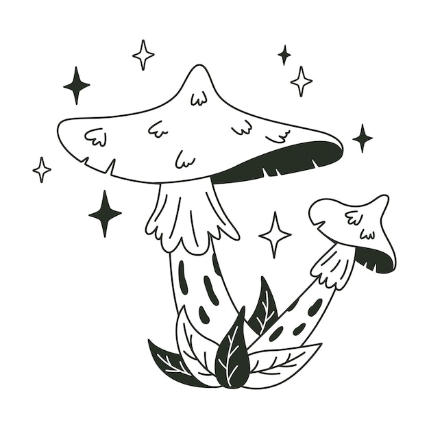 Magiczny Grzyb Leśny. Mystical Doodle Autumn Forest Plant, Hand Drawn Boho Mushroom Flat Vector Illustration. Magical Mushroom Silhouette