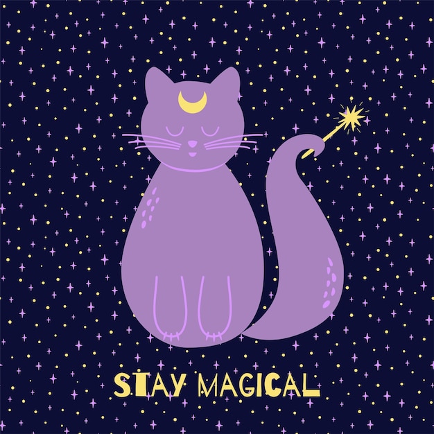 Magiczny Kot Halloween Z Magiczną Różdżką śliczny Magiczny Element W Kolorze Fioletowym Wektor Kot Słodkie Zwierzę