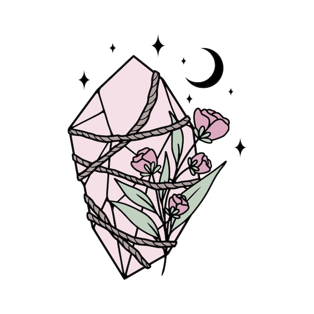 Plik wektorowy magiczny kryształ z kwiatami, księżycem i gwiazdami grafika wektorowa