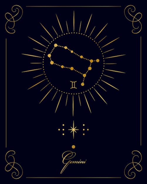 Magiczny Plakat Astrologiczny Z Konstelacją Gemini, Kartą Tarota. Złoty Wzór Na Czarnym Tle.