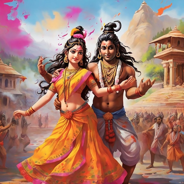 Mahadev I Mata Parbati Tańczą Razem Holi.