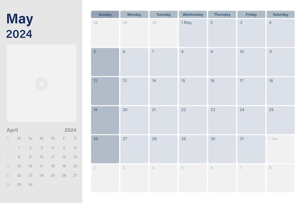 Plik wektorowy maj 2024 kalendarz biurkowy z miejscem dla twoich zdjęć tygodnie zaczynają się w niedzielę