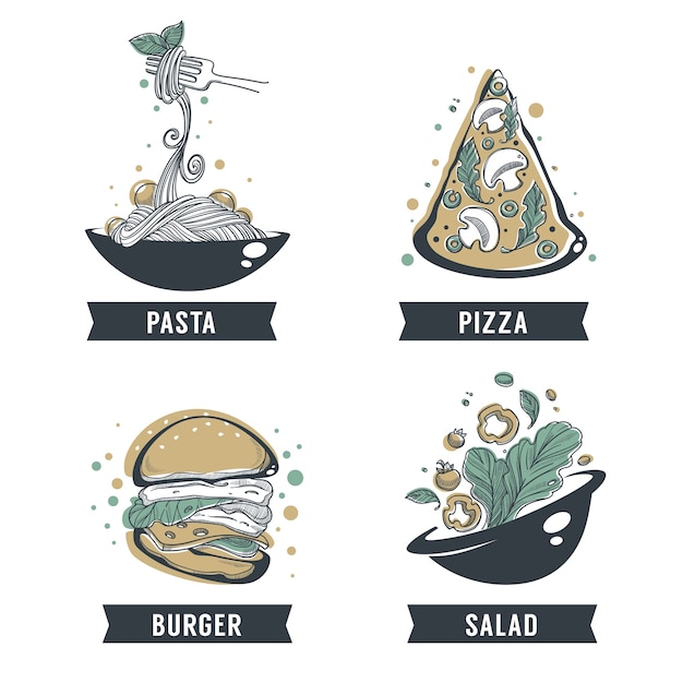 Plik wektorowy makaron, pizza, sałatka i burger, ręcznie rysowane szkic z kompozycją napisów dla yout logo, godło, etykieta
