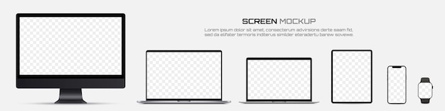 Plik wektorowy makieta ekranu monitor komputerowy laptopy tablet smartfon i smartwatch z pustym ekranem