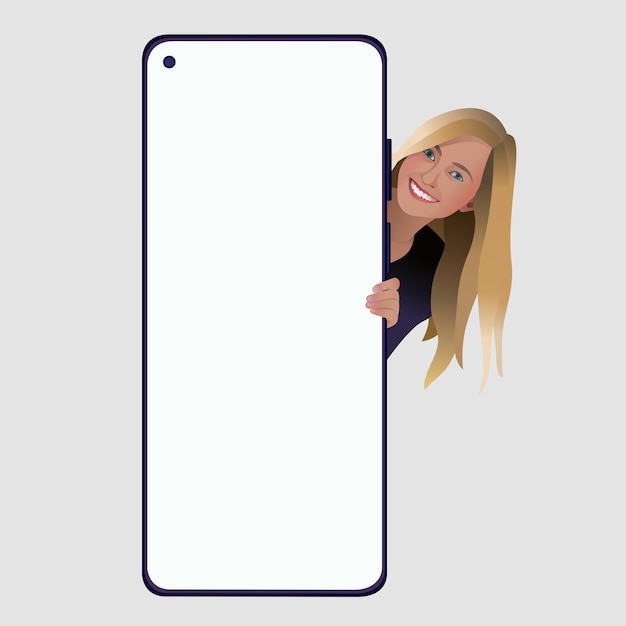 Makieta smartfona z atrakcyjną młodą dziewczyną Szczęśliwa piękna młoda kobieta z telefonem