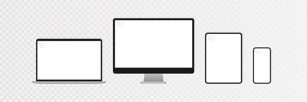 Makieta urządzeń elektronicznych zestaw na białym tle na przezroczystym tle Realistyczny komputer laptop tablet i smartfon Szablon infografiki lub prezentacji Interfejs projektowania interfejsu użytkownika Ilustracja wektorowa