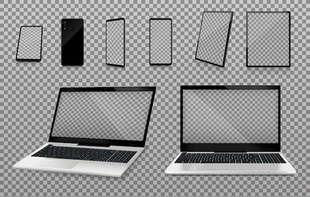 Makiety Laptopów I Smartfonów Z Przezroczystymi Ekranami Realistyczny Zestaw Na Przezroczystym Tle Izolowane Ilustracji Wektorowych