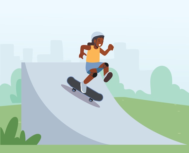 Plik wektorowy mała afrykańska dziewczynka tocząca się na deskorolce postać dziecka wykonuje akrobacje w rollerdrome stylowa jazda na deskorolce preteen skateboarding