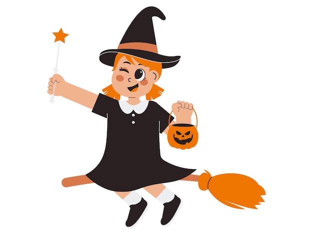 Mała czarownica trzymająca ilustrację magicznej różdżki
