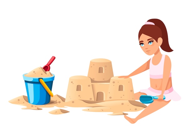Plik wektorowy mała dziewczynka buduje prosty zamek z piasku z wiadrem i czerwoną łopatą