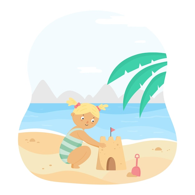 Plik wektorowy mała dziewczynka buduje zamek z piasku, siedząc na piasku plaży nad brzegiem morza latem happy baby postać z kreskówki