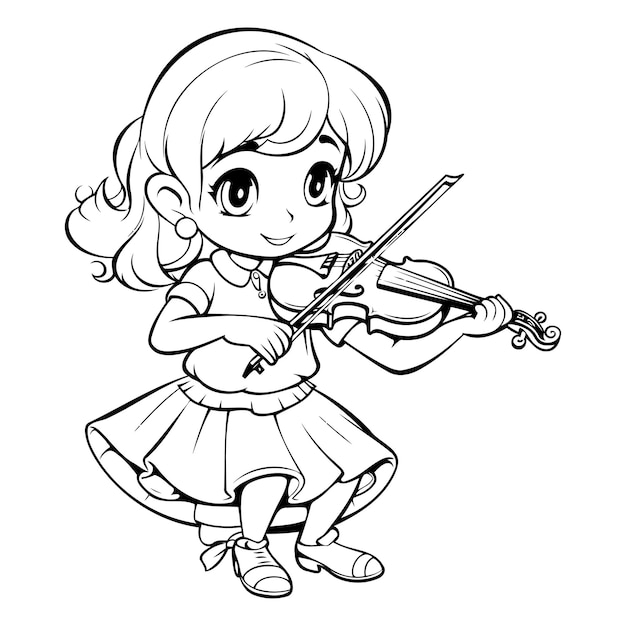 Plik wektorowy mała dziewczynka grająca na skrzypcach czarno-biała ilustracja wektorowa do kolorowania