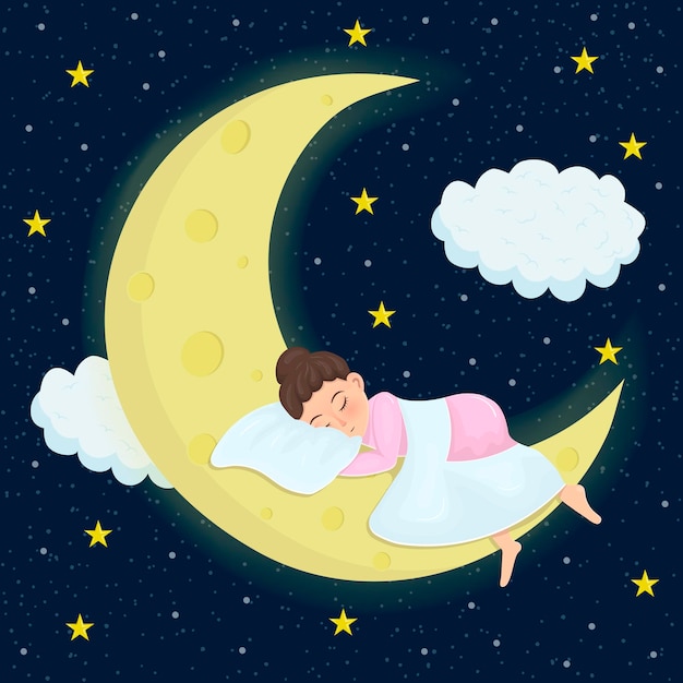 Mała dziewczynka śpi pod kocem na poduszce na półksiężycu na tle nocnego rozgwieżdżonego nieba