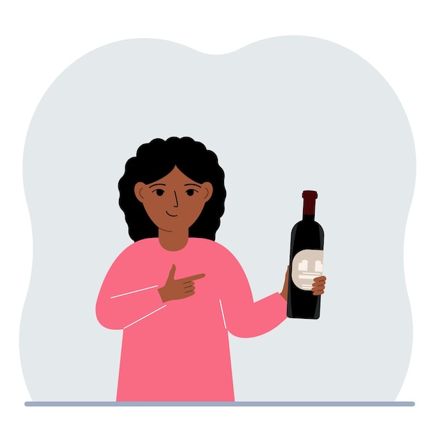 Plik wektorowy mała dziewczynka trzyma w dłoni butelkę wina pojęcie nadużywania alkoholu przez nieletnich uzależnienie od alkoholu
