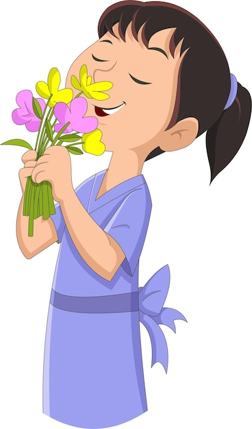 Mała Dziewczynka Uśmiechnięta I Pachnąca Ilustracja Wektorowa Kwiaty
