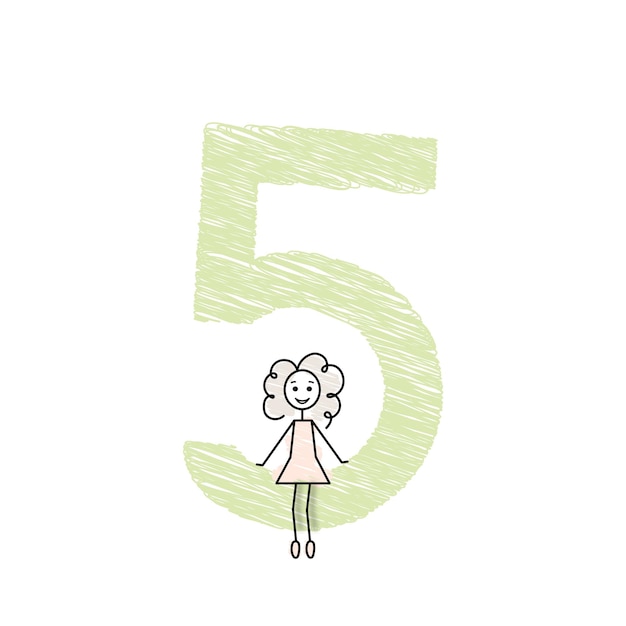Mała Dziewczynka Z Dużą Zieloną Liczbą Pięć Prostych Ilustracji Wektorowych Doodle