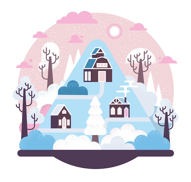Plik wektorowy mała zimowa wioska na górze na boże narodzenie lub nowy rok