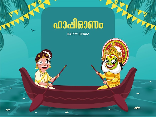 Malajalam Napis Szczęśliwy Onam Z Wesołą Kobietą Południowoindyjską I Tancerką Kathakali Na Ilustracji łodzi Aranmula