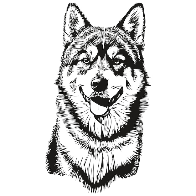 Malamute Pies Realistyczny Zwierzę Domowe Ilustracja Ręka Rysunek Twarz Czarno-biały Rysunek Szkic Wektora