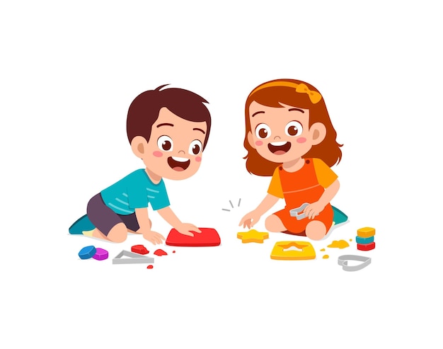 Małe dzieci i przyjaciel bawią się glinianą plasteliną z zabawkami