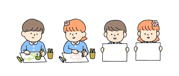 Plik wektorowy małe dziecko rysuje i trzyma znak. słodkie postaci z kreskówek, powrót do koncepcji szkoły