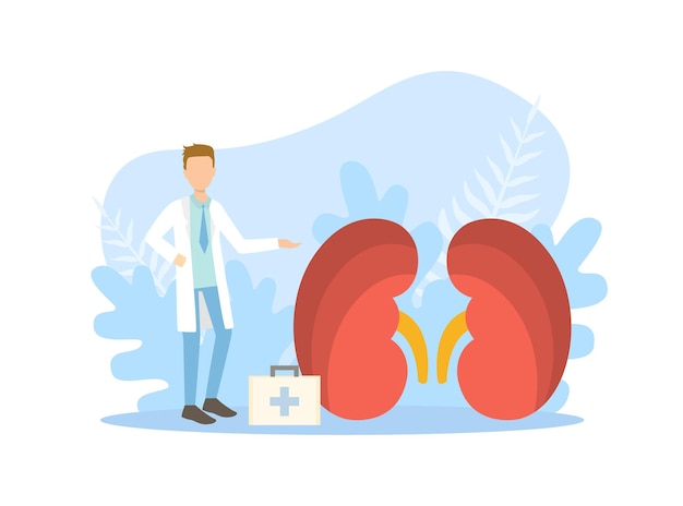 Plik wektorowy małe lekarze badający ogromne nerki lekarz prowadzący badania medyczne ilustracja wektorowa