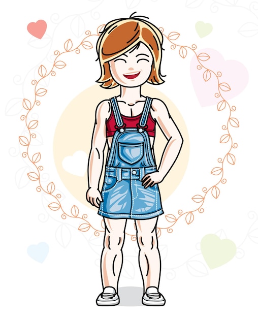 Plik wektorowy małe rude słodkie dziecko w noszenie różnych ubrań i stojąc na kolorowe tło z sercami. ilustracja wektorowa miła dziewczyna.
