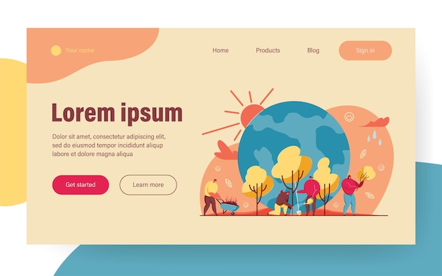 Maleńcy ludzie hodujący razem drzewa. Ponowne zalesianie, ochrona ilustracji wektorowych płaski planety. Ponowne zalesianie, koncepcja rolnictwa ekologicznego dla banera, projektu strony internetowej lub strony docelowej